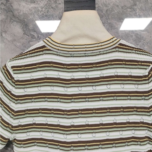 Miu Miu White, Olive & Brown Striped Short‑Sleeve V‑Neck Cardigan - Picture 4 of 9